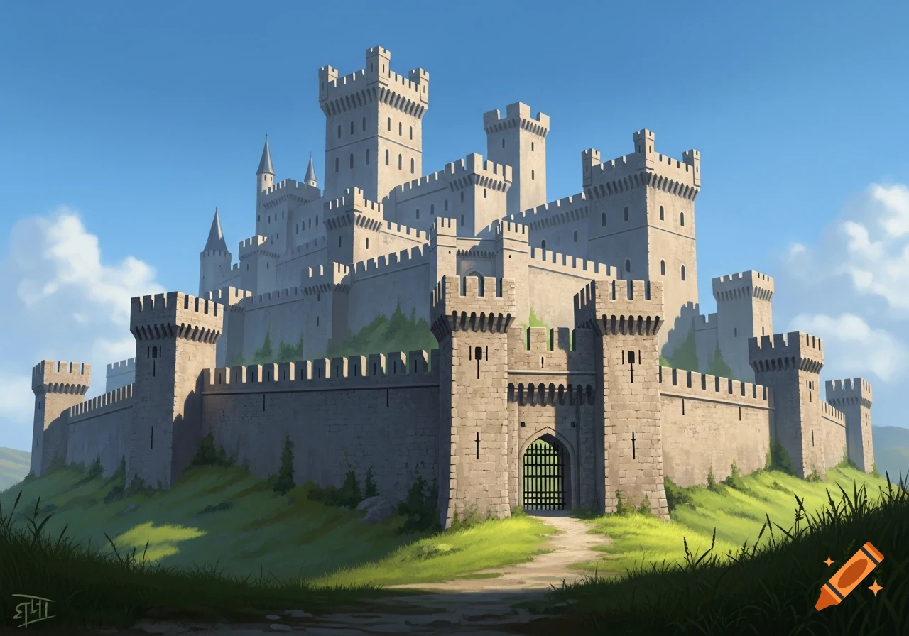 A majestic medieval stone castle with multiple towers, battlements, and a gated entrance on a grassy hill under a blue sky.