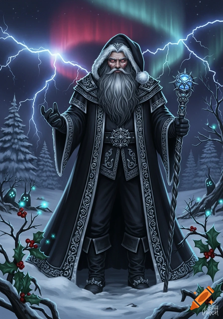 A dark, powerful Santa Claus with a long white beard, red eyes, and a black ornate robe stands in a snowy, lightning-lit forest with aurora borealis.
