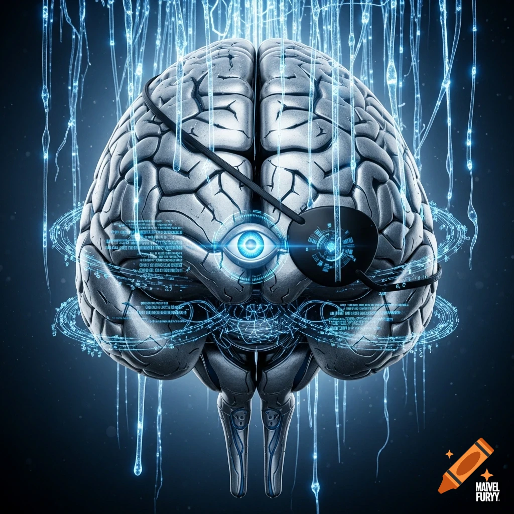 A stylized metallic human brain with a glowing blue eye, an eyepatch, and robotic legs, surrounded by blue neural connections and digital code.