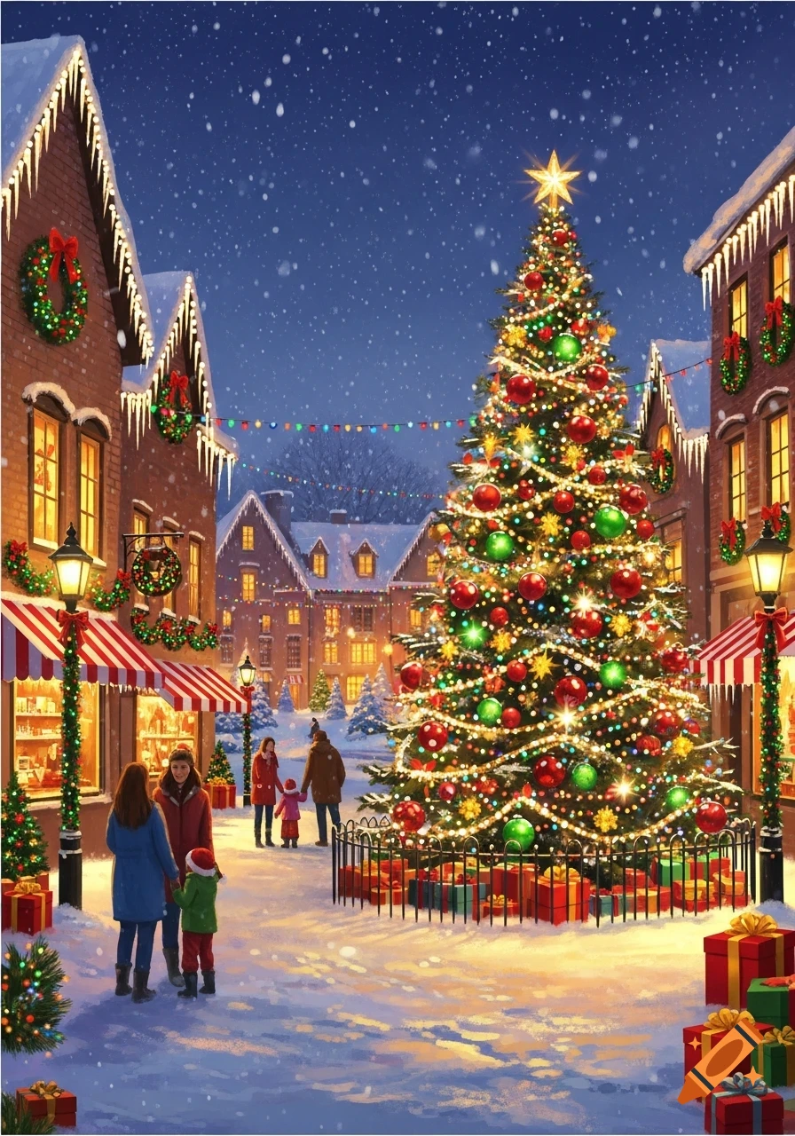 A festive snowy town square at night with a large, brightly lit Christmas tree, decorated buildings, and people walking.