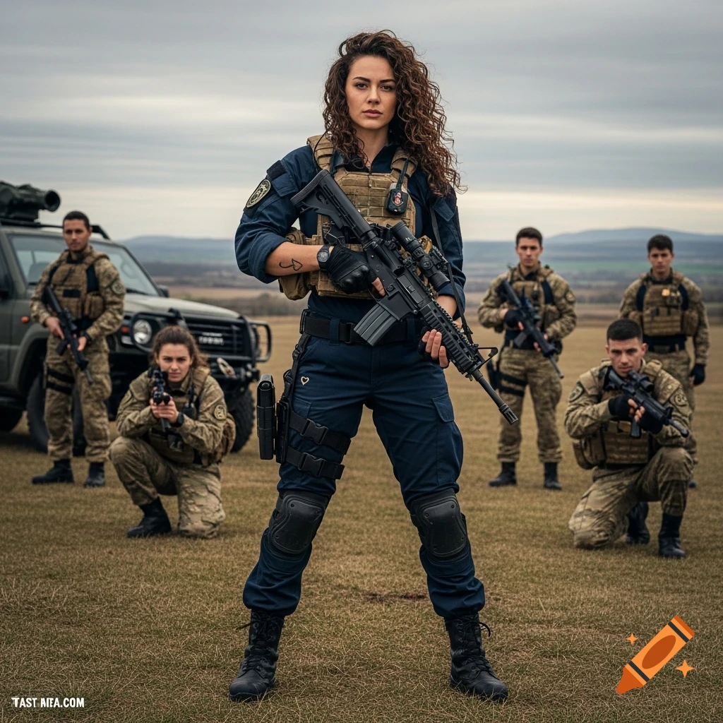 A female soldier with curly hair stands in a field holding a rifle, flanked by other soldiers and a jeep in the background.