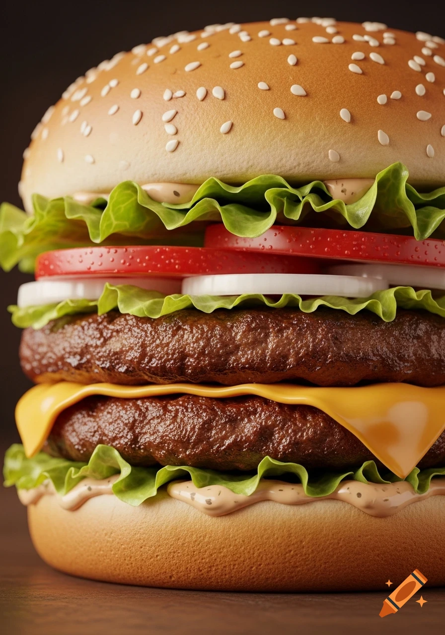 Photorealistic close-up of a tall double cheeseburger with sesame bun, lettuce, tomato, onion, and sauce.