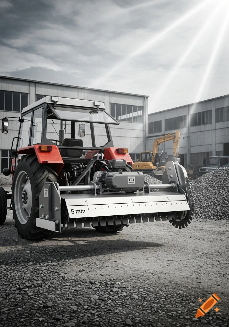 A red tractor with a gray asphalt cutting attachment showing '5 mm' on its blade, parked on gravel in front of industrial buildings.