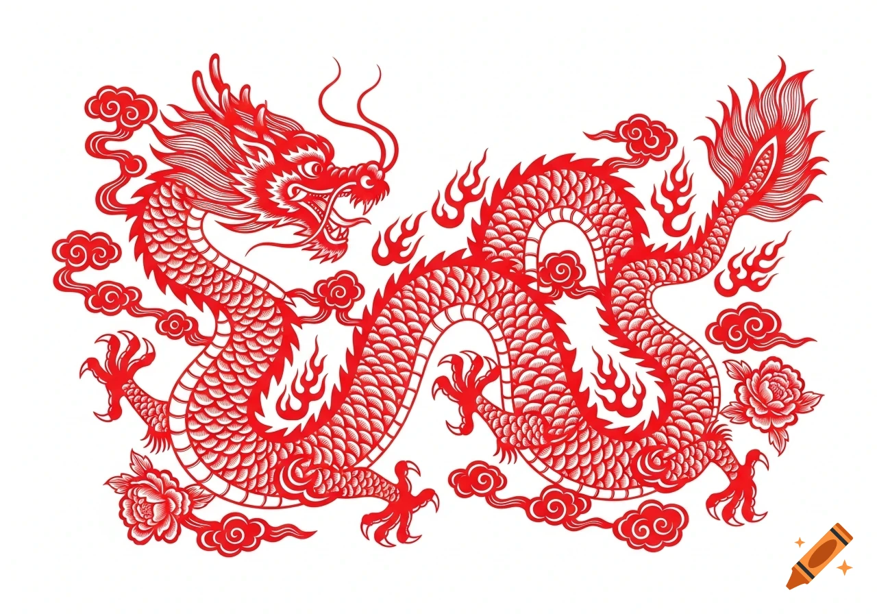 Intricate red Chinese paper-cut dragon with stylized flames, clouds, and flowers on a white background.