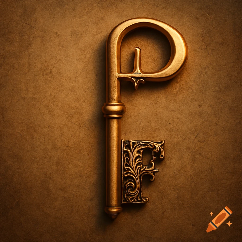 A photorealistic golden key with its handle shaped as a 'P' and its bit as an 'F', resting on a textured brown surface.