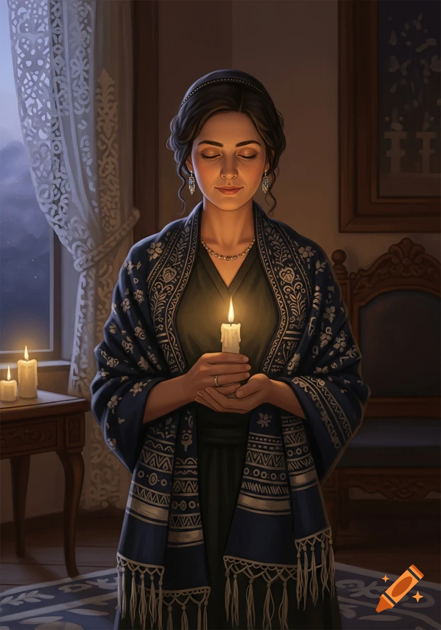 A woman with dark hair and closed eyes holds a lit candle, wearing a patterned blue shawl in a dimly lit, traditional room.