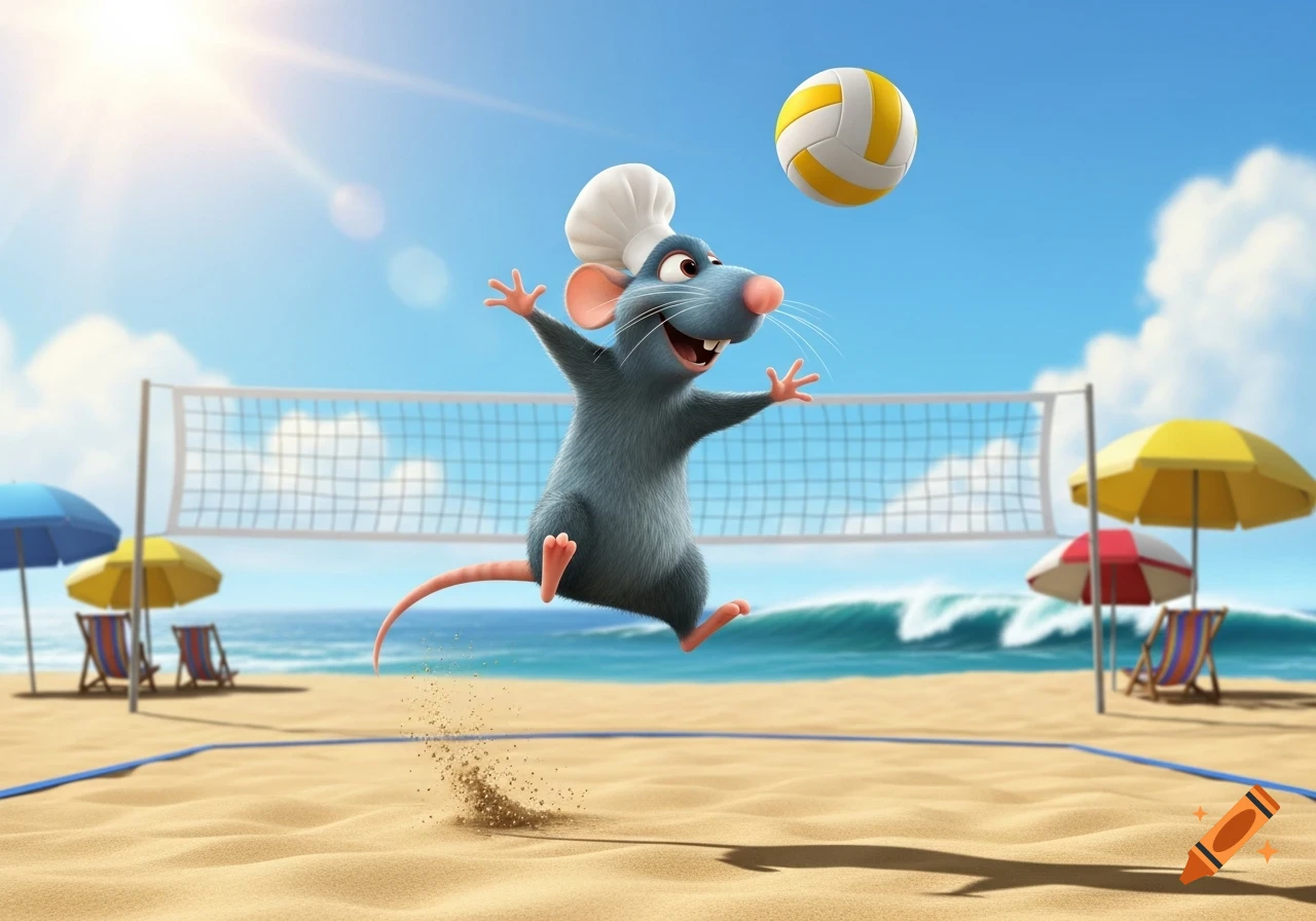 Remy the rat chef from Ratatouille joyfully leaps to hit a volleyball on a sunny beach with a net and umbrellas.