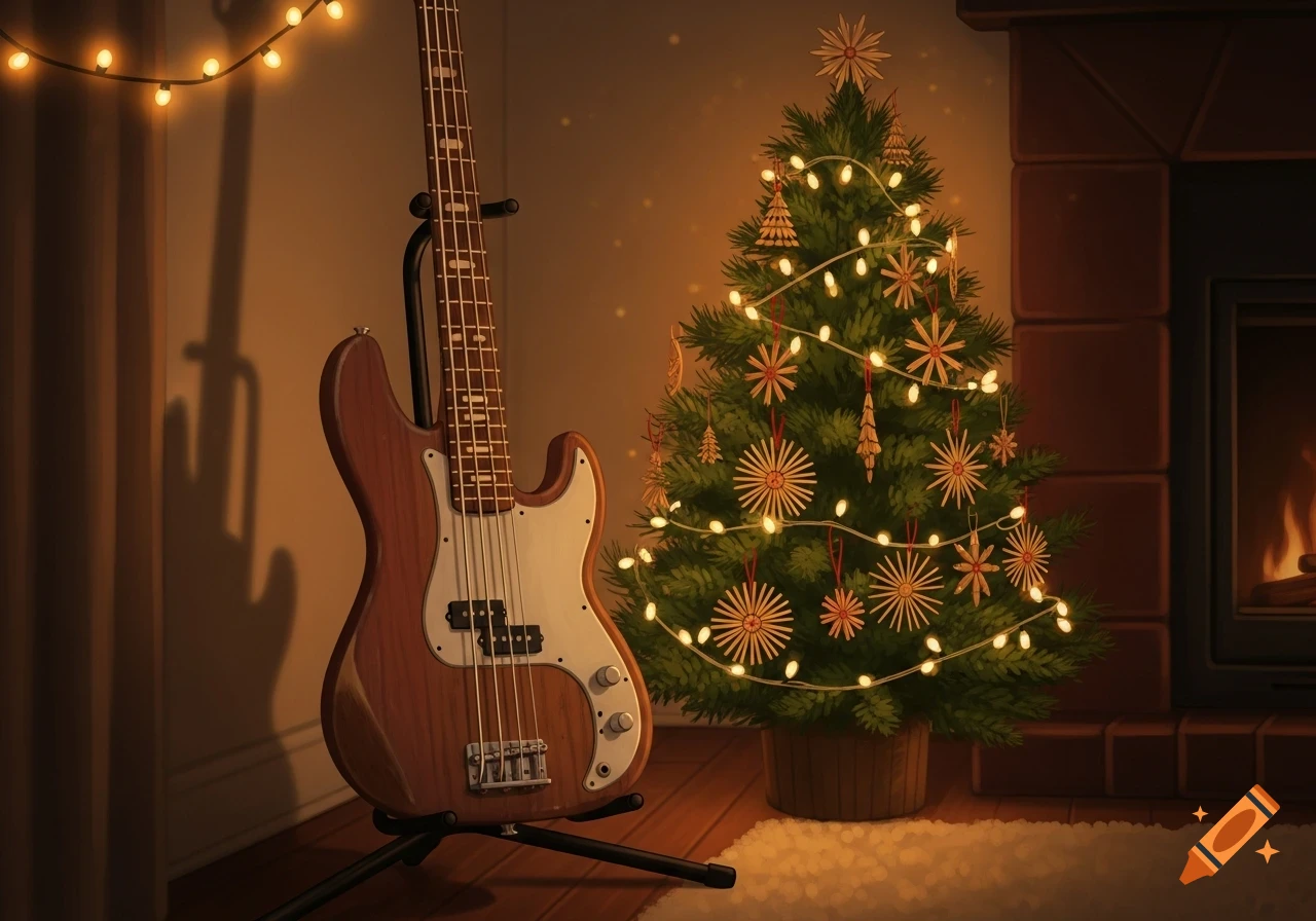 A brown bass guitar on a stand next to a Christmas tree with lights and straw ornaments, a fireplace glowing in the background, realistic style.