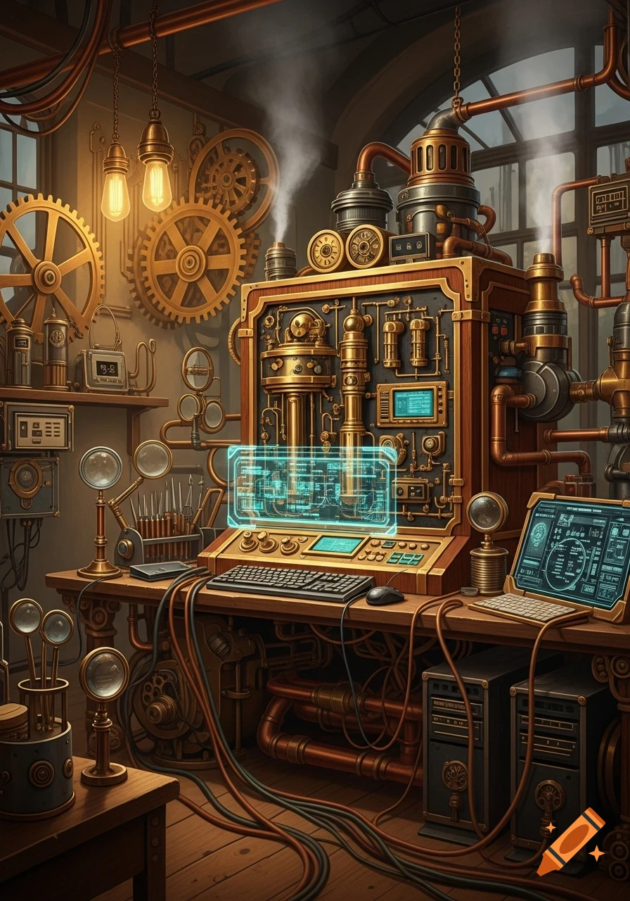 Intricate steampunk computer forensics lab with brass machinery, glowing holographic displays, gears, and complex piping.