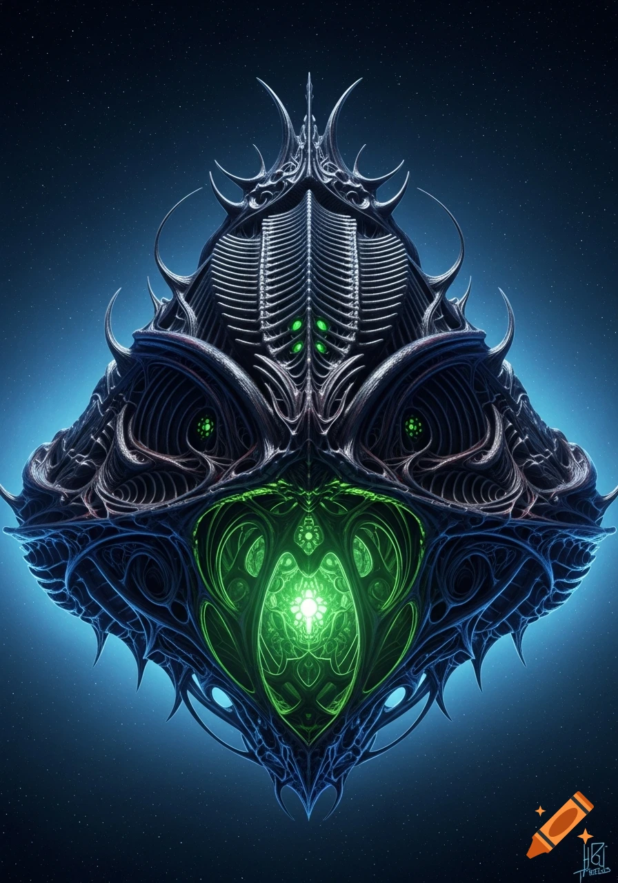 A dark, bio-organic gothic spaceship with glowing green core, set against a starry blue space.