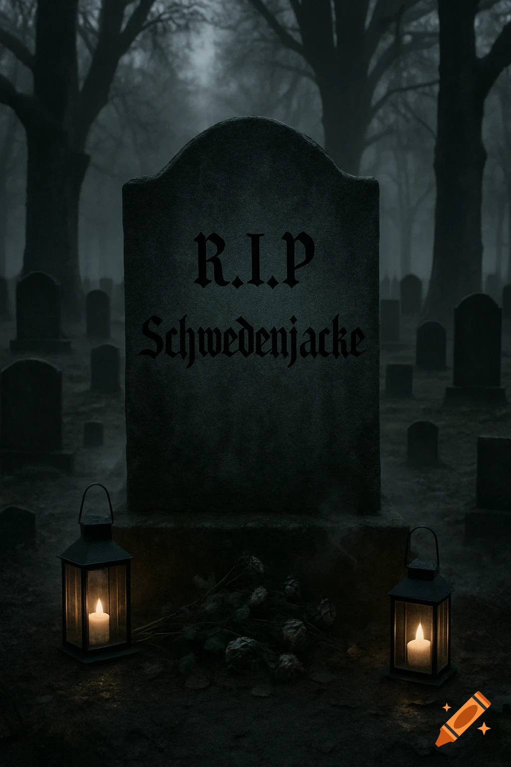 A gloomy photorealistic image of a tombstone reading 'R.I.P Schwedenjacke' in a foggy graveyard, flanked by two lit lanterns.