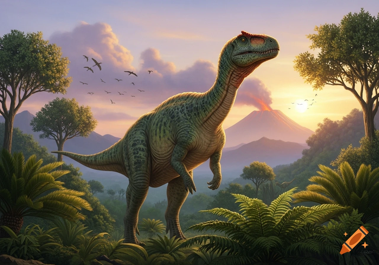 A large green dinosaur stands in a lush prehistoric jungle at sunset with a smoking volcano in the background.