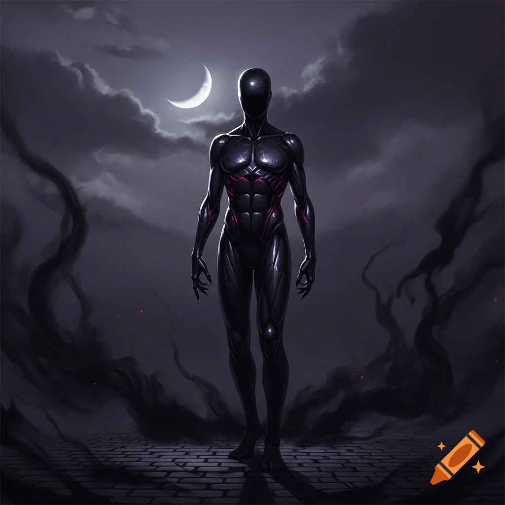 A sleek, dark, featureless humanoid figure with glowing red lines stands on cobblestones under a crescent moon in a cloudy, dark sky.