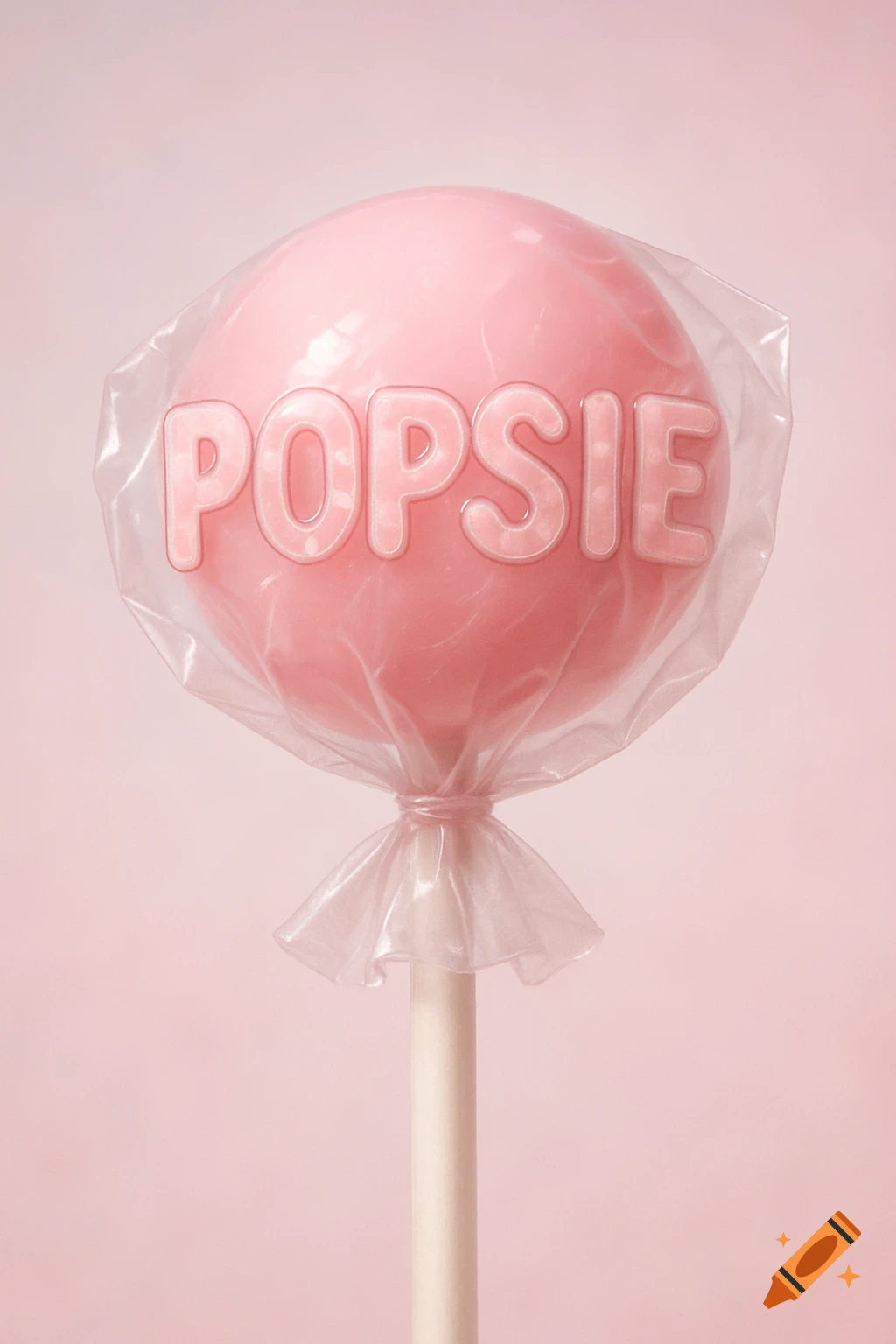 A light pink lollipop with 'POPSIE' written in a bubbly font on its clear plastic wrapper, set against a soft pink background.