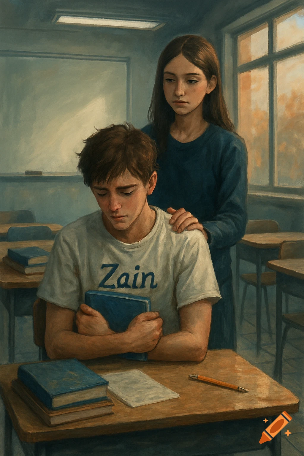 Digital painting of a sad boy in a classroom with 'Zain' on his shirt, a girl comforts him with a hand on his shoulder.