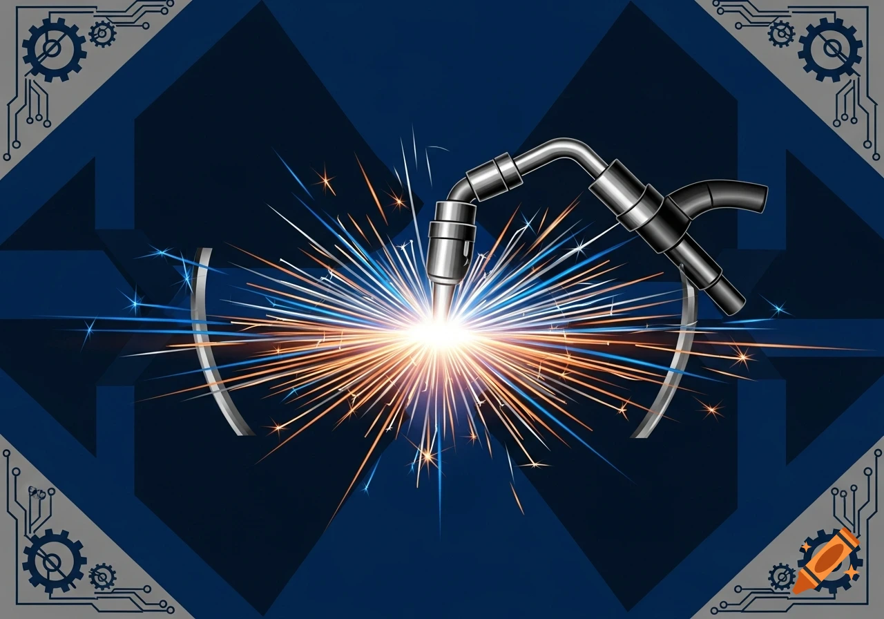 Stylized illustration of a welding torch with bright sparks, against a dark blue geometric background with circuitry.