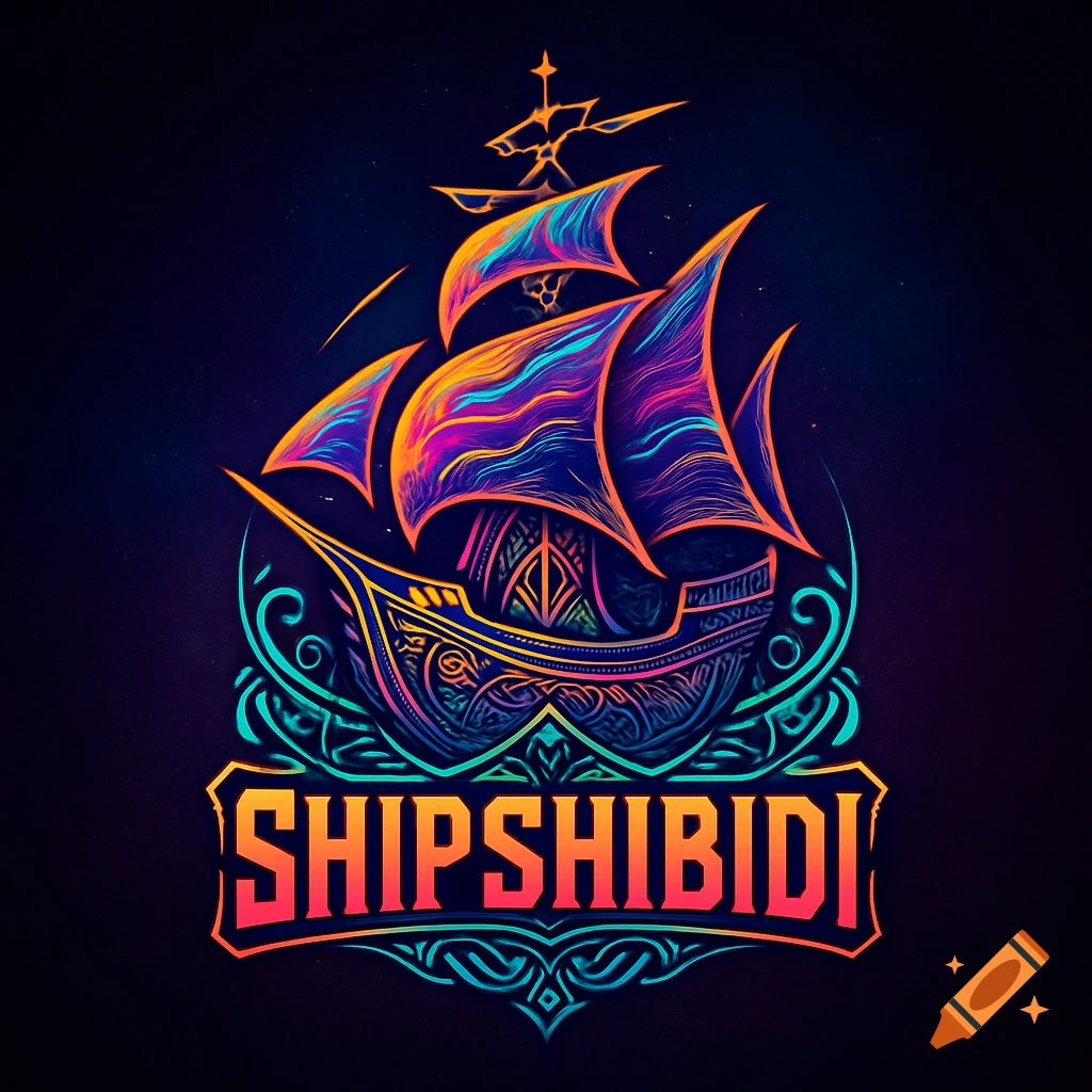 Vibrant neon art logo of a stylized ship with intricate patterns, featuring the text 'SHIPSHIBIDI' at the bottom.