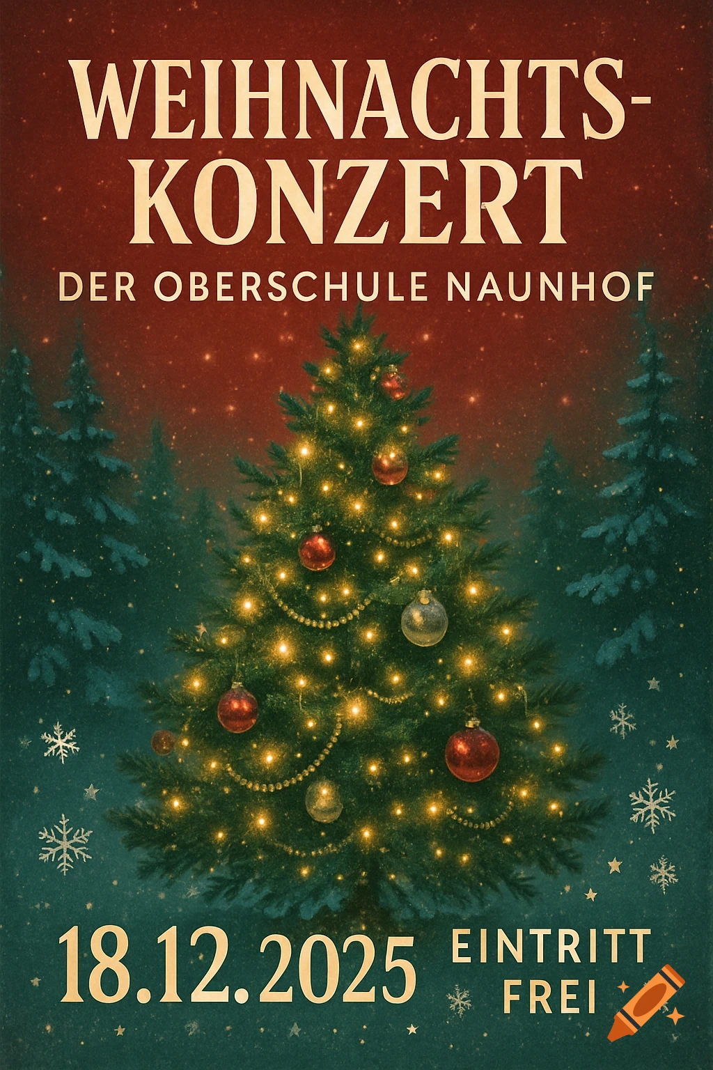 A vintage-style Christmas concert poster featuring a decorated Christmas tree in a snowy forest. Text for a school concert date and free admission.
