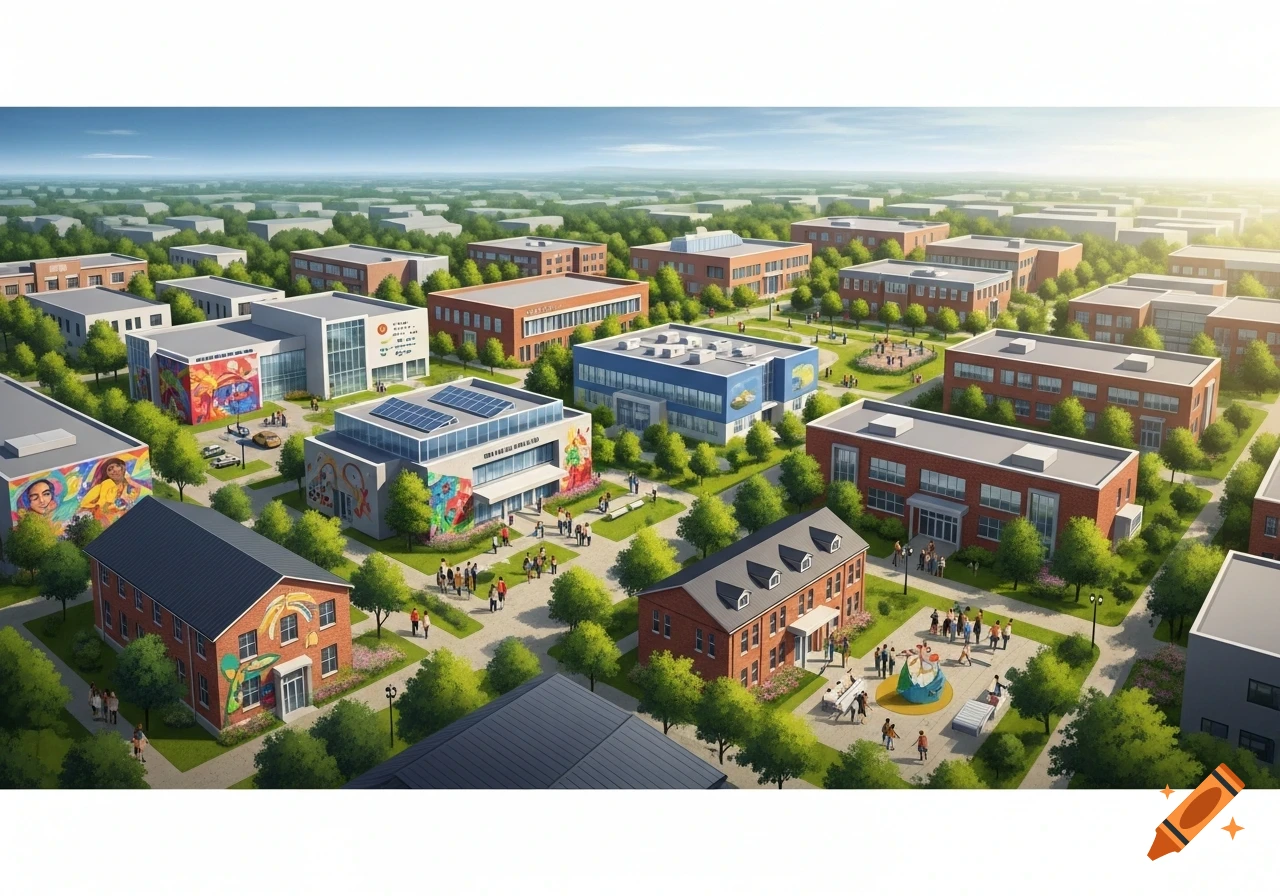 An aerial view of a modern municipal educational campus with multiple buildings, green spaces, walking paths, and small groups of people, under a bright sky.