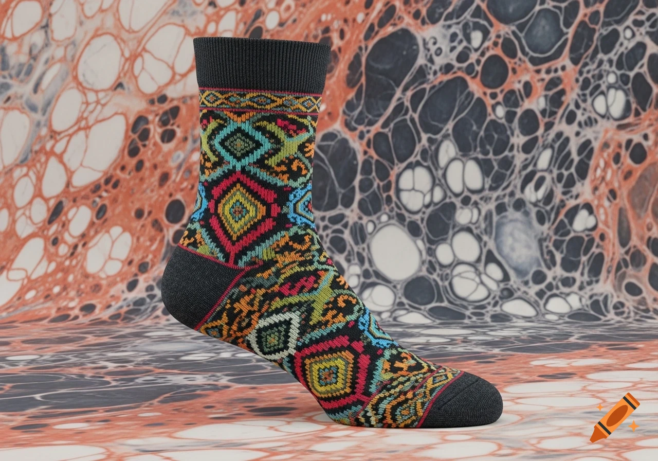 A single, vibrantly patterned sock stands upright on an abstract, marble-like surface.