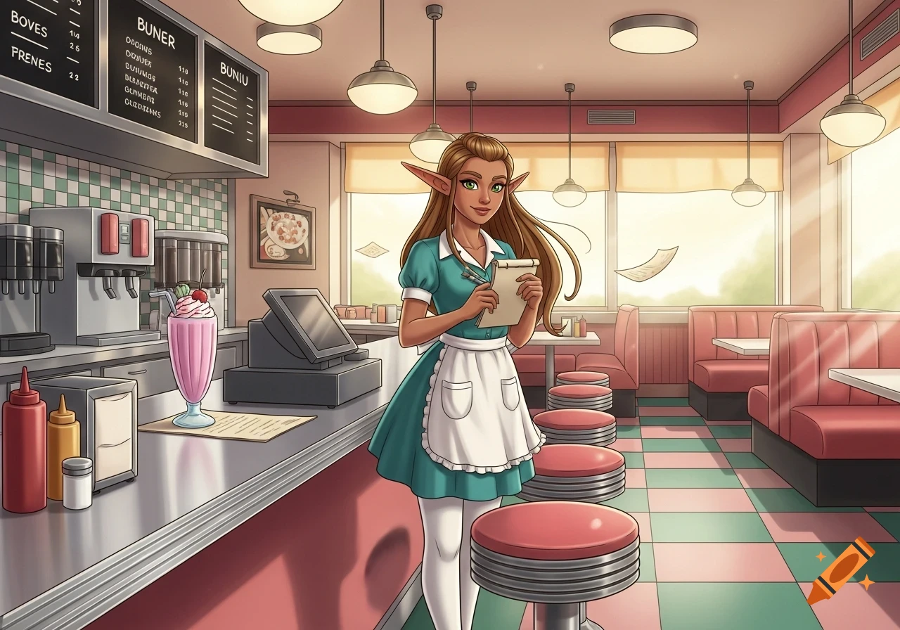 An illustrated elf waitress with long brown hair and green eyes stands at a retro diner counter, holding a notepad.