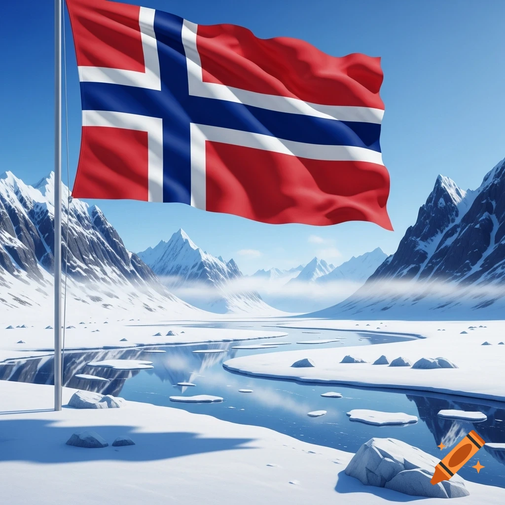 A Norwegian flag flying high over a snowy arctic river valley with majestic mountains under a clear blue sky.
