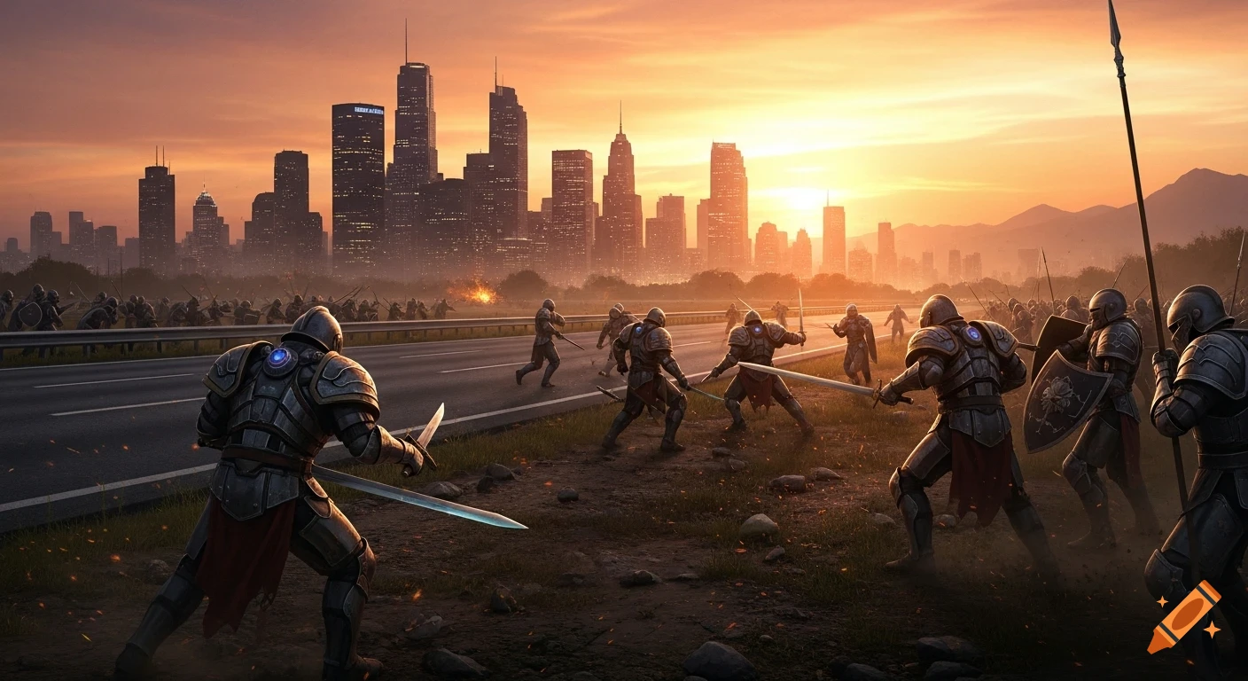 Concept art of armored knights battling on a field next to a highway, with a city skyline glowing at sunset in the background.