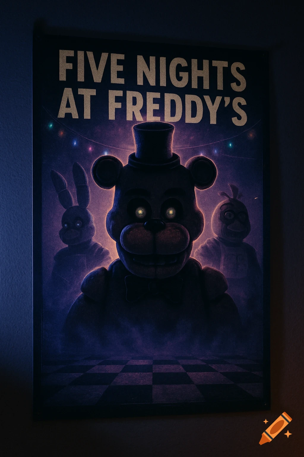 Dark poster for Five Nights at Freddy's with Freddy Fazbear, Bonnie, and Chica as shadowy animatronics with glowing eyes, on a checkered floor.