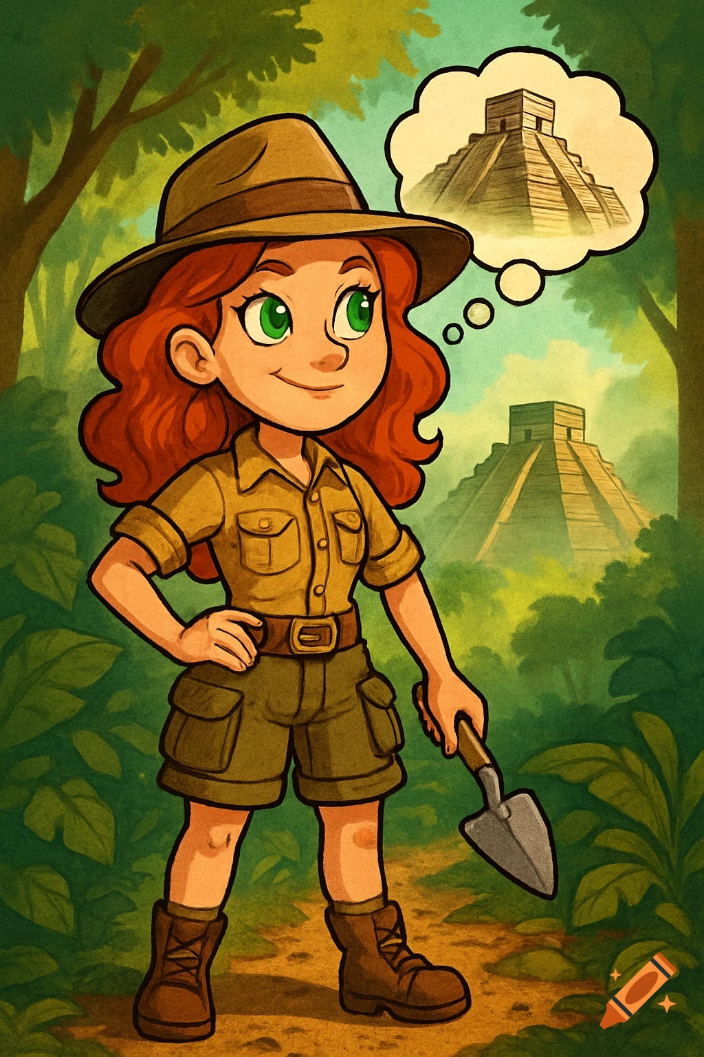 Cartoon red-headed female archaeologist in a jungle, holding a shovel, thinking of a pyramid, with a pyramid in the background.