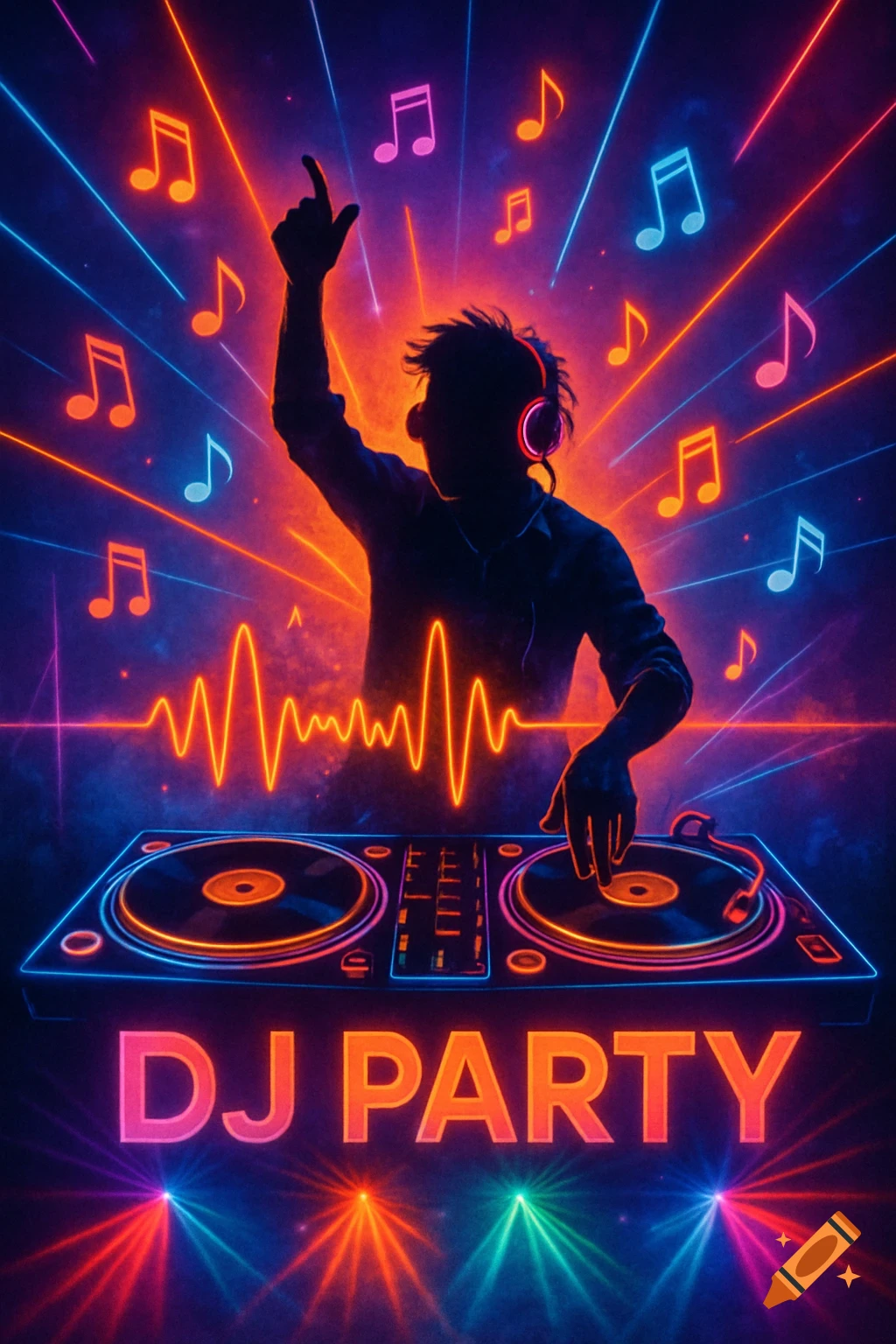 Neon art poster of a silhouetted DJ with turntables, musical notes, and laser lights, featuring 'DJ PARTY' text at the bottom.