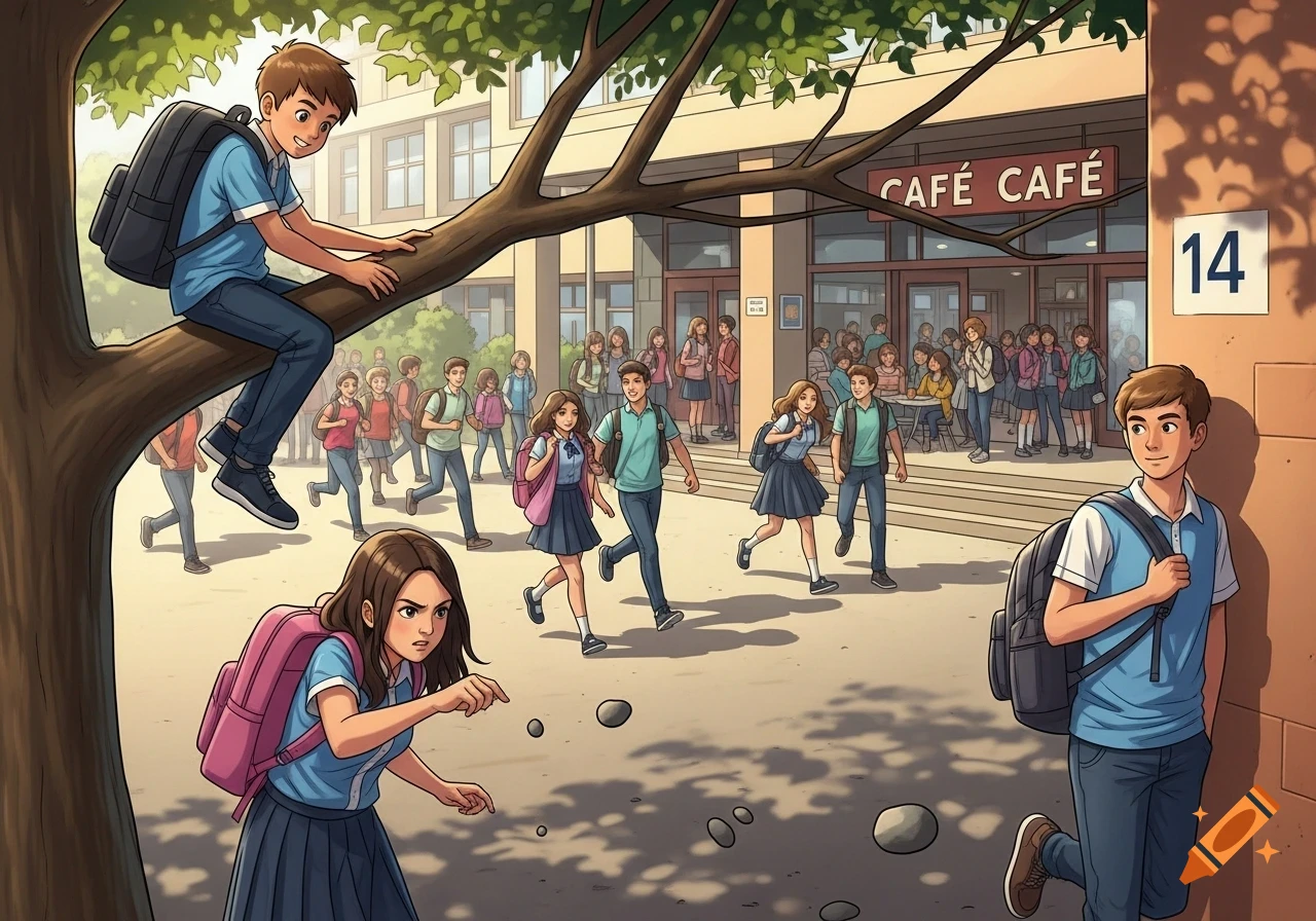 An anime-style illustration of high school students outside a school building with a cafe. One boy sits in a tree, another leans against a wall, and a girl throws rocks.