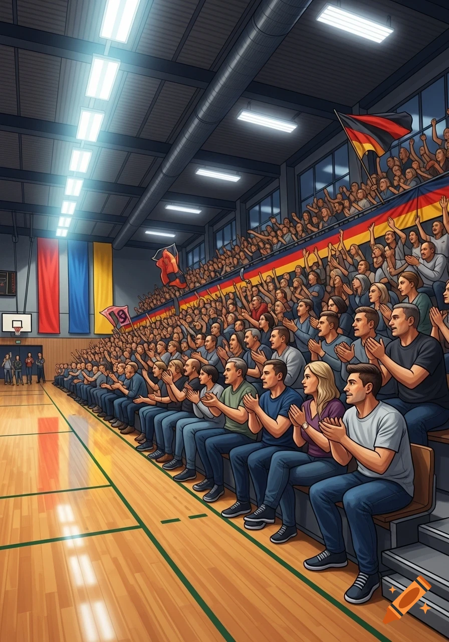 Cartoon illustration of a large crowd of spectators cheering with German flags in a gymnasium during a volleyball game.