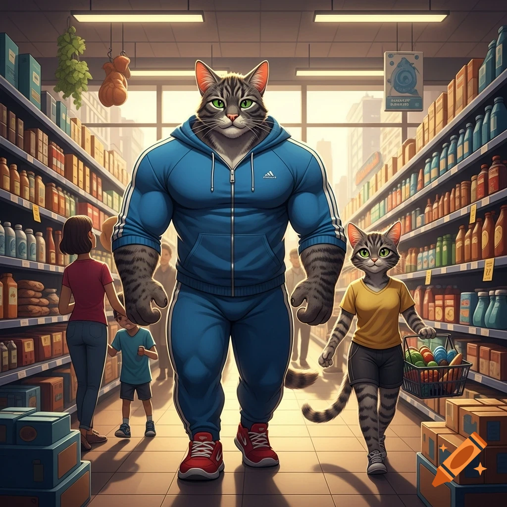 An anthropomorphic muscular cat in a blue tracksuit and a smaller cat in a yellow shirt shop in a bright supermarket aisle.