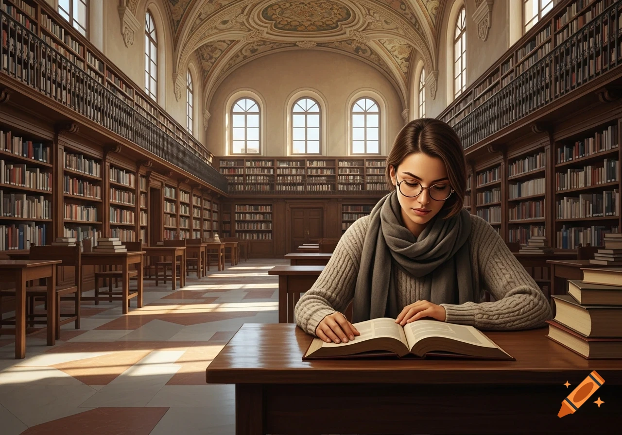 A young woman with glasses and a scarf reads a book at a wooden desk in a grand, ornate library with towering bookshelves.
