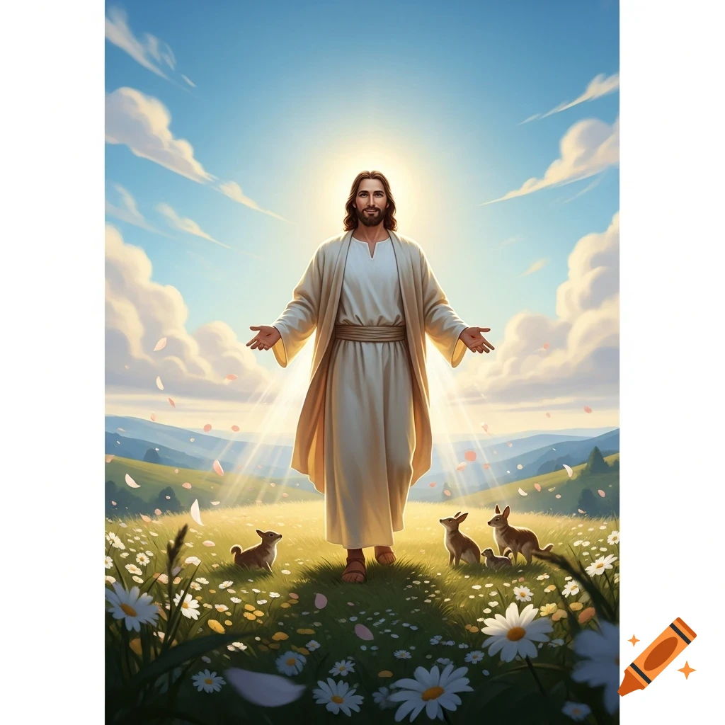 Jesus stands with outstretched arms in a radiant, flowery meadow with small animals under a blue sky, illustrative style.