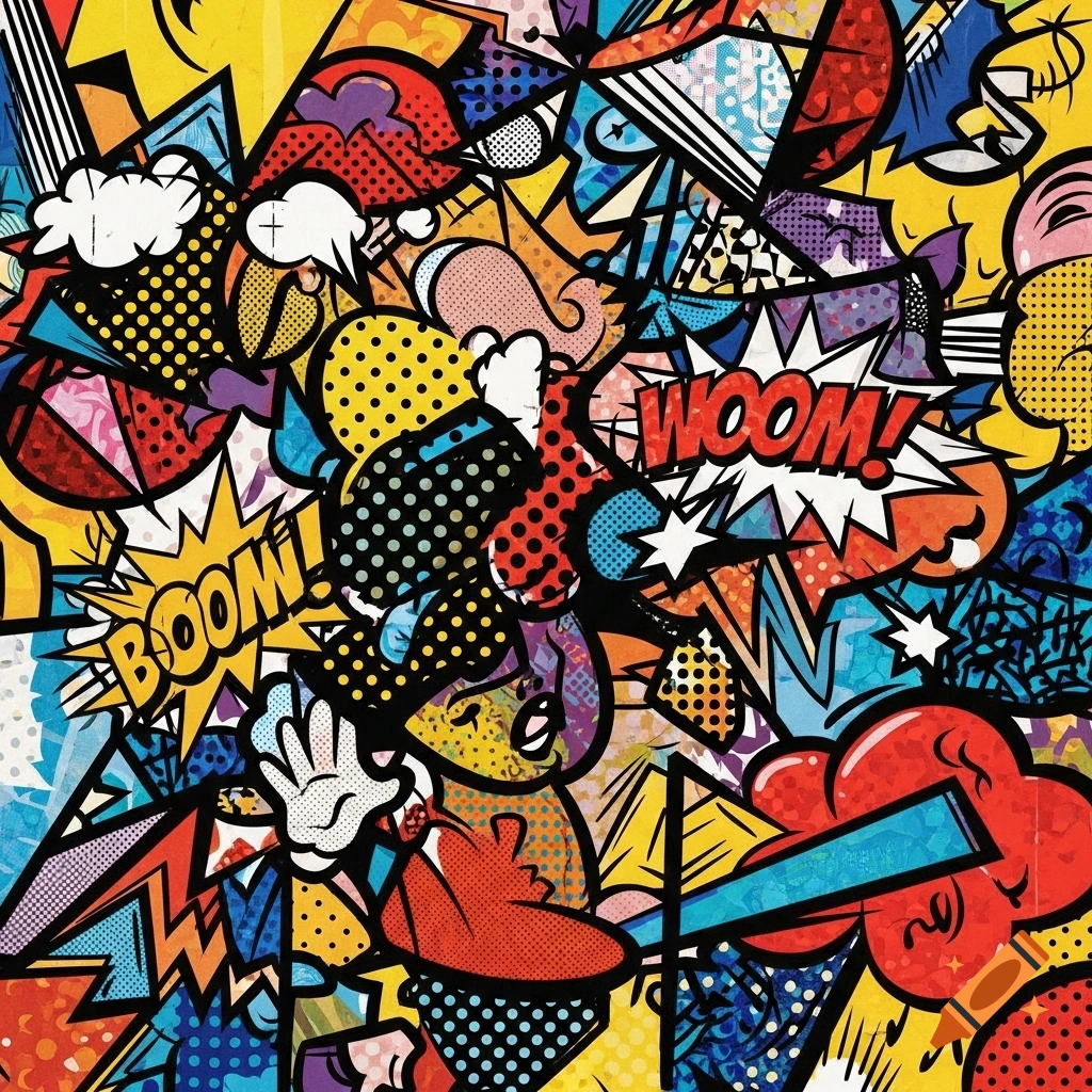 Vibrant pop art collage featuring comic book sound effects like 'BOOM!' and 'WOOM!' with halftone dots and bold outlines.