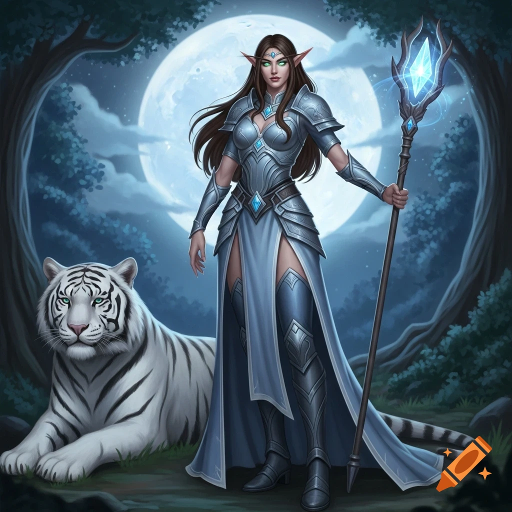 An elven priestess in blue and silver armor stands with a glowing staff next to a white tiger in a moonlit forest.