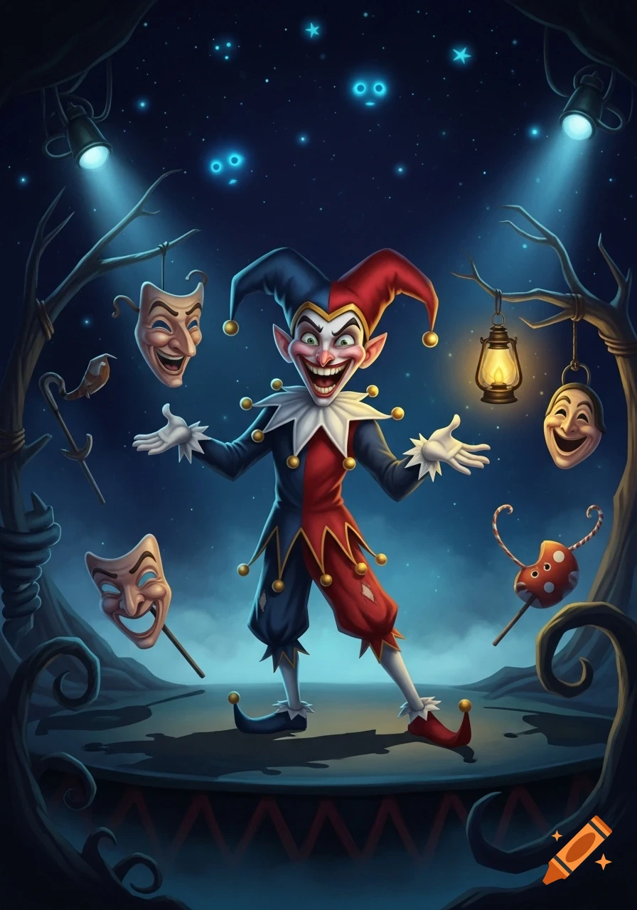 A grinning jester in a red and blue costume performs on a stage, surrounded by theatrical masks and spotlights.