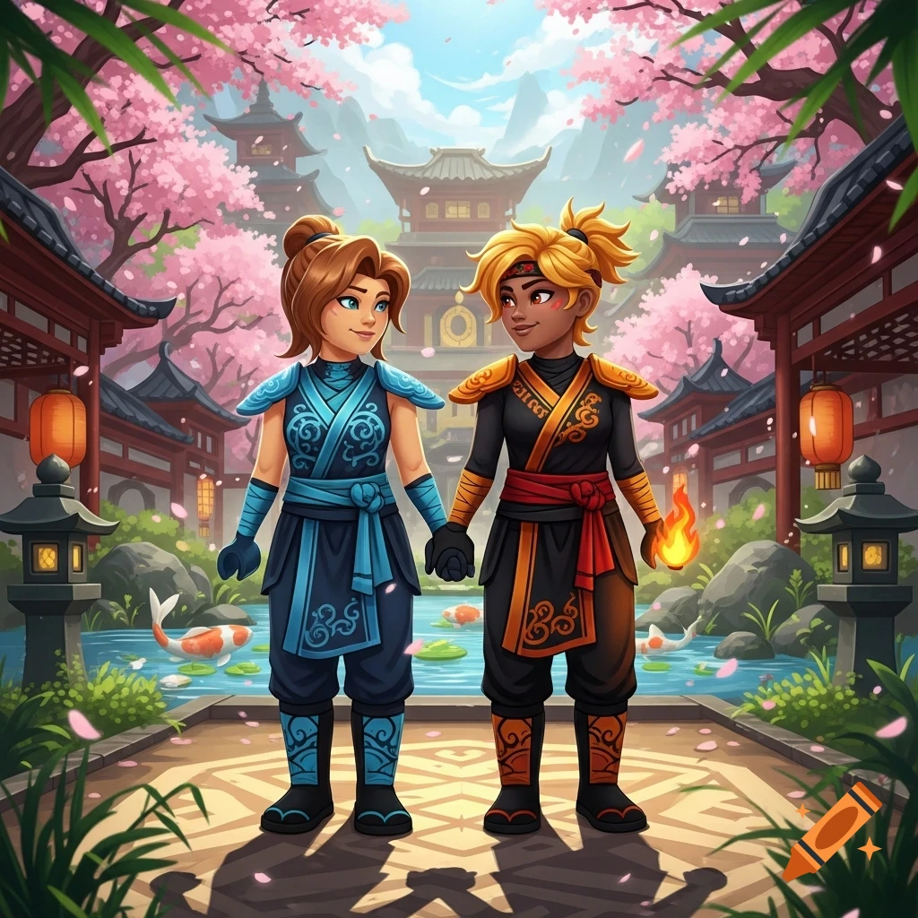 Animated characters, one in blue and one in black and gold, hold hands in a Japanese garden with cherry blossoms, temples, and a koi pond.