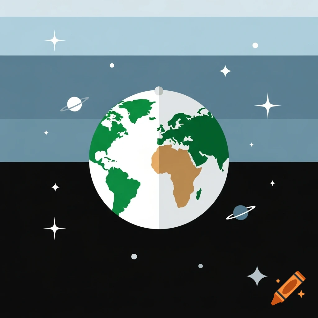 A stylized illustration of planet Earth in space, with green continents and brown Africa, surrounded by stars and ringed planets against a blue and black background.