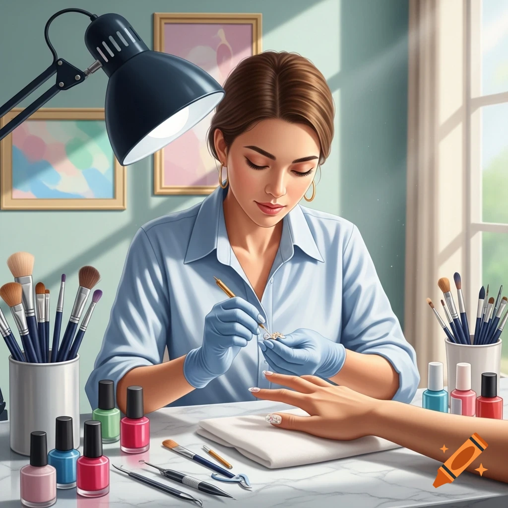 A woman in blue gloves applies embellishments to a client's fingernail at a nail station with polish bottles and tools.