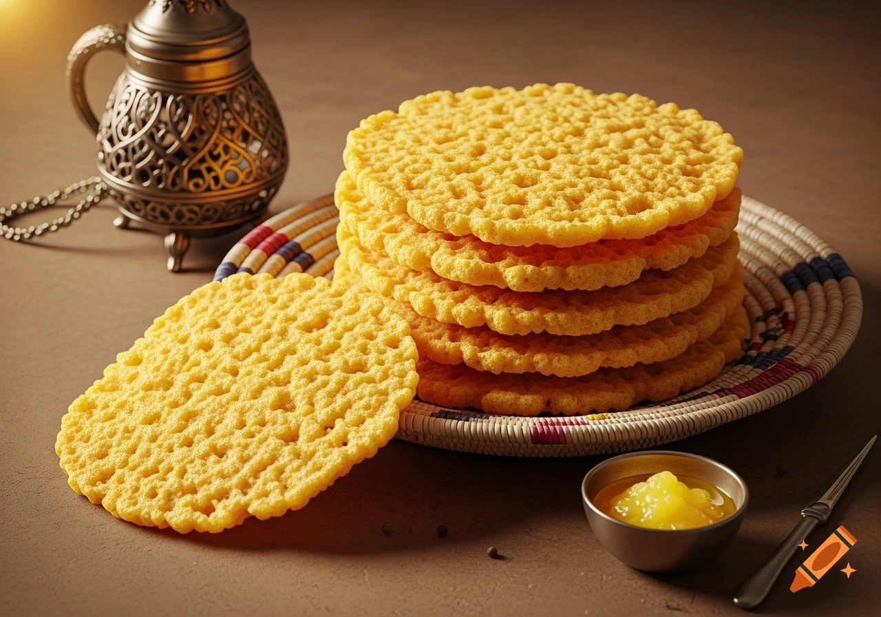 A stack of golden, textured flatbreads (canjeero) on a woven plate, with a bowl of ghee and a decorative metal jug.