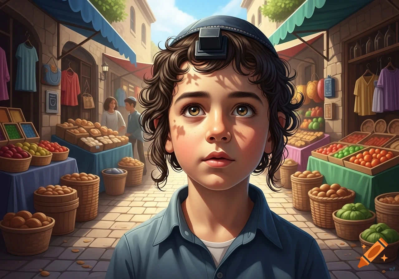 A young Jewish boy with curly hair, wearing a yarmulke and tefillin, looks up in a bustling marketplace.