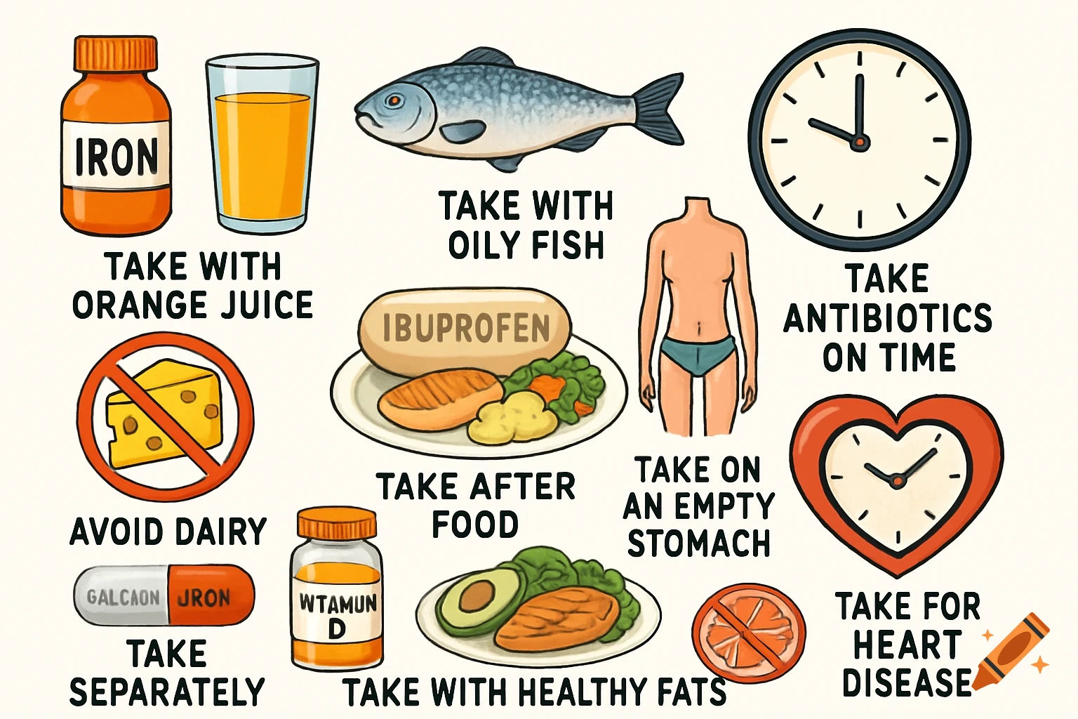 An infographic illustration of medicine tips with various items and text, including a bottle of iron, orange juice, fish, ibuprofen, a human torso, clocks, and a vitamin D bottle.
