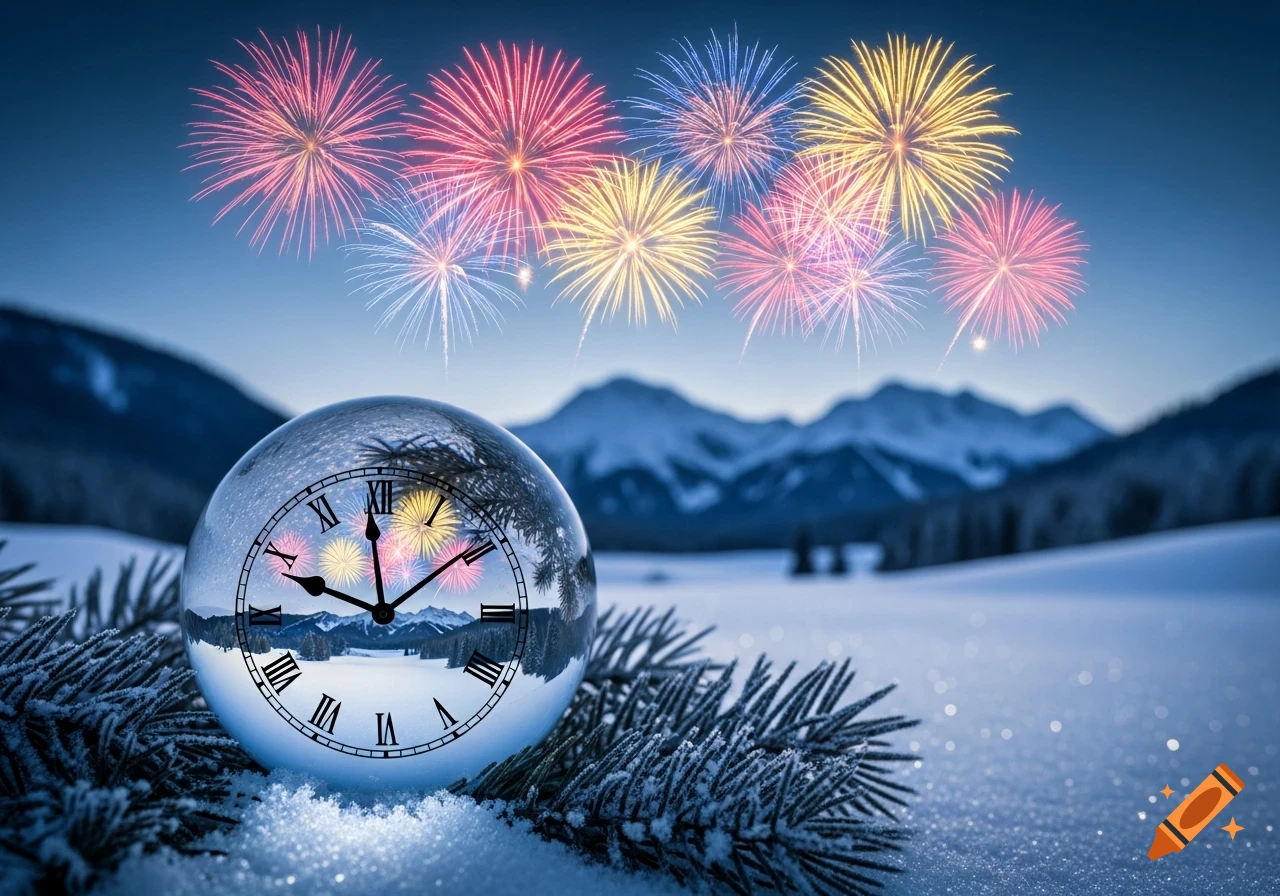 A crystal ball with a clock face showing midnight sits in snowy pine needles as colorful fireworks light up a cold mountain landscape.