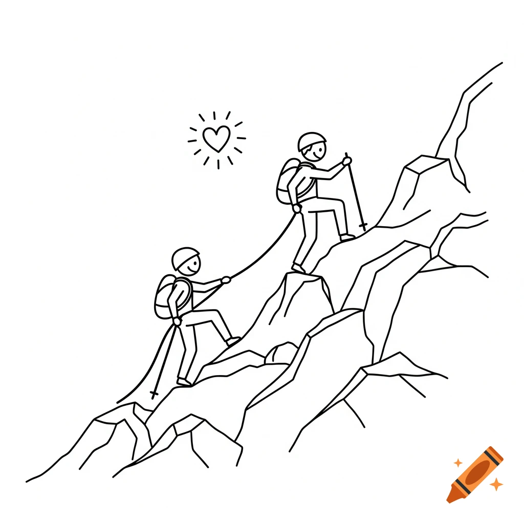 Minimalist black-and-white line drawing of two stick-figure climbers on a jagged mountain, connected by a rope, with a heart in the sky.