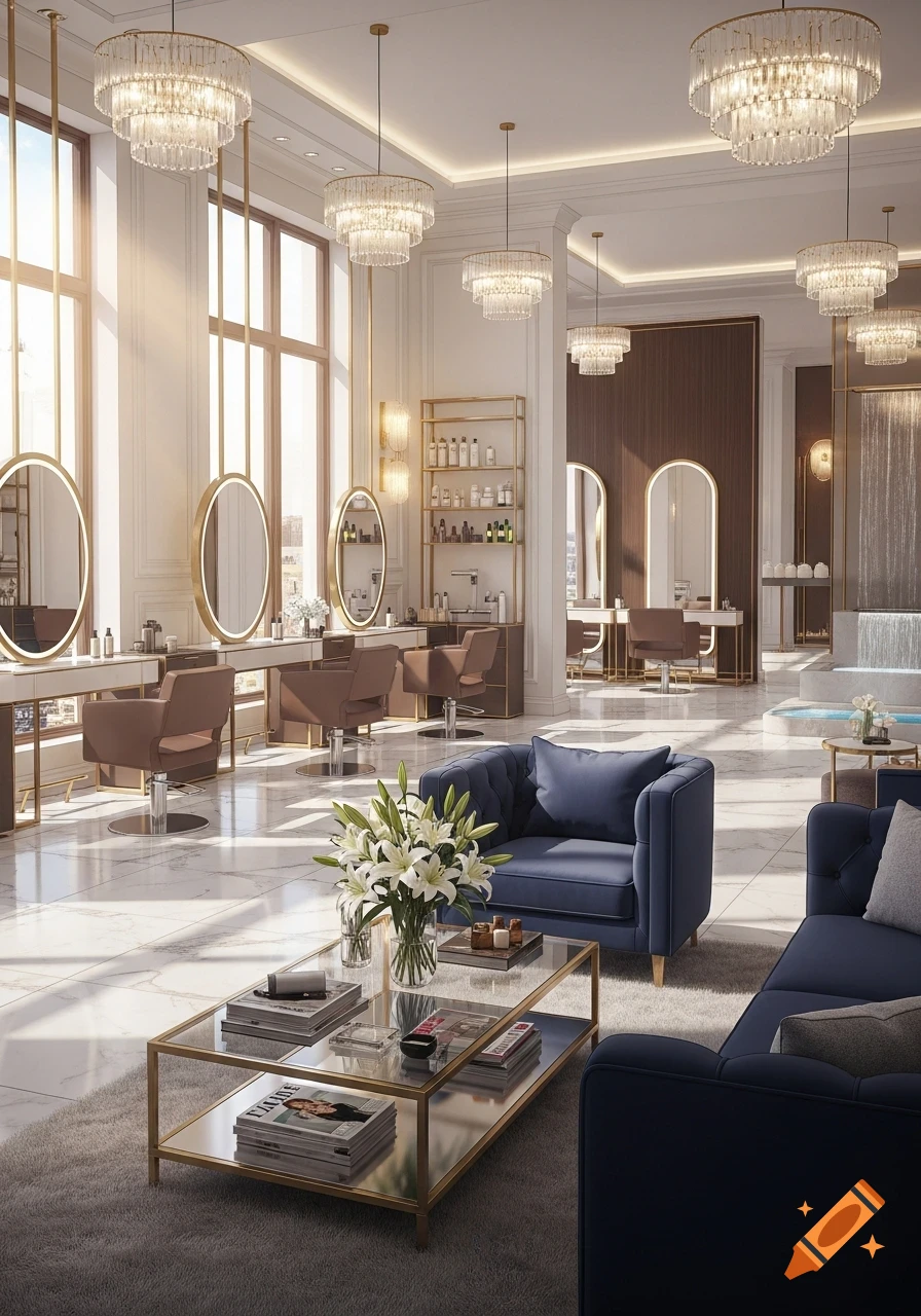 Luxurious salon interior with styling stations, crystal chandeliers, blue velvet sofas, and a glass coffee table with flowers.