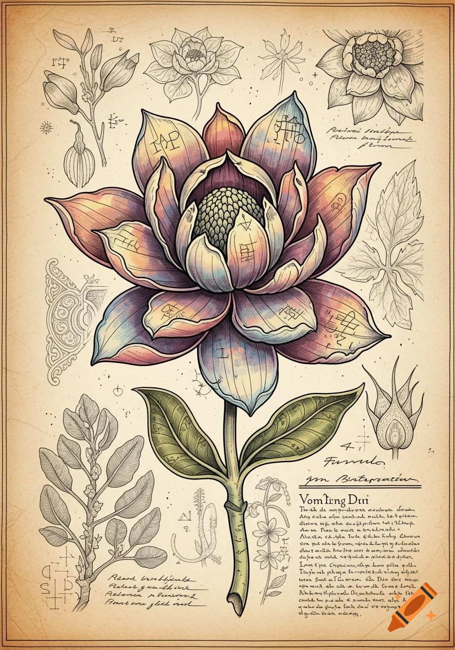 A stylized botanical illustration of an otherworldly flower with colorful petals and green leaves on a parchment-like background. The image includes detailed black ink sketches of other plant parts, decorative elements, and blocks of illegible text, inspired by ancient manuscripts.