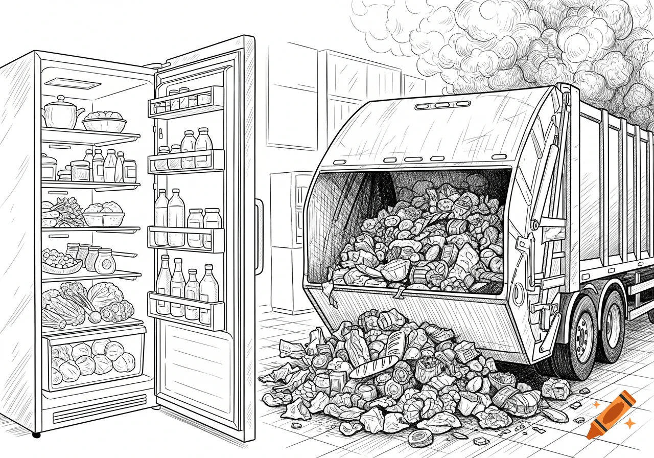 A black and white line drawing of an open refrigerator filled with food next to a garbage truck overflowing with trash and smoke.