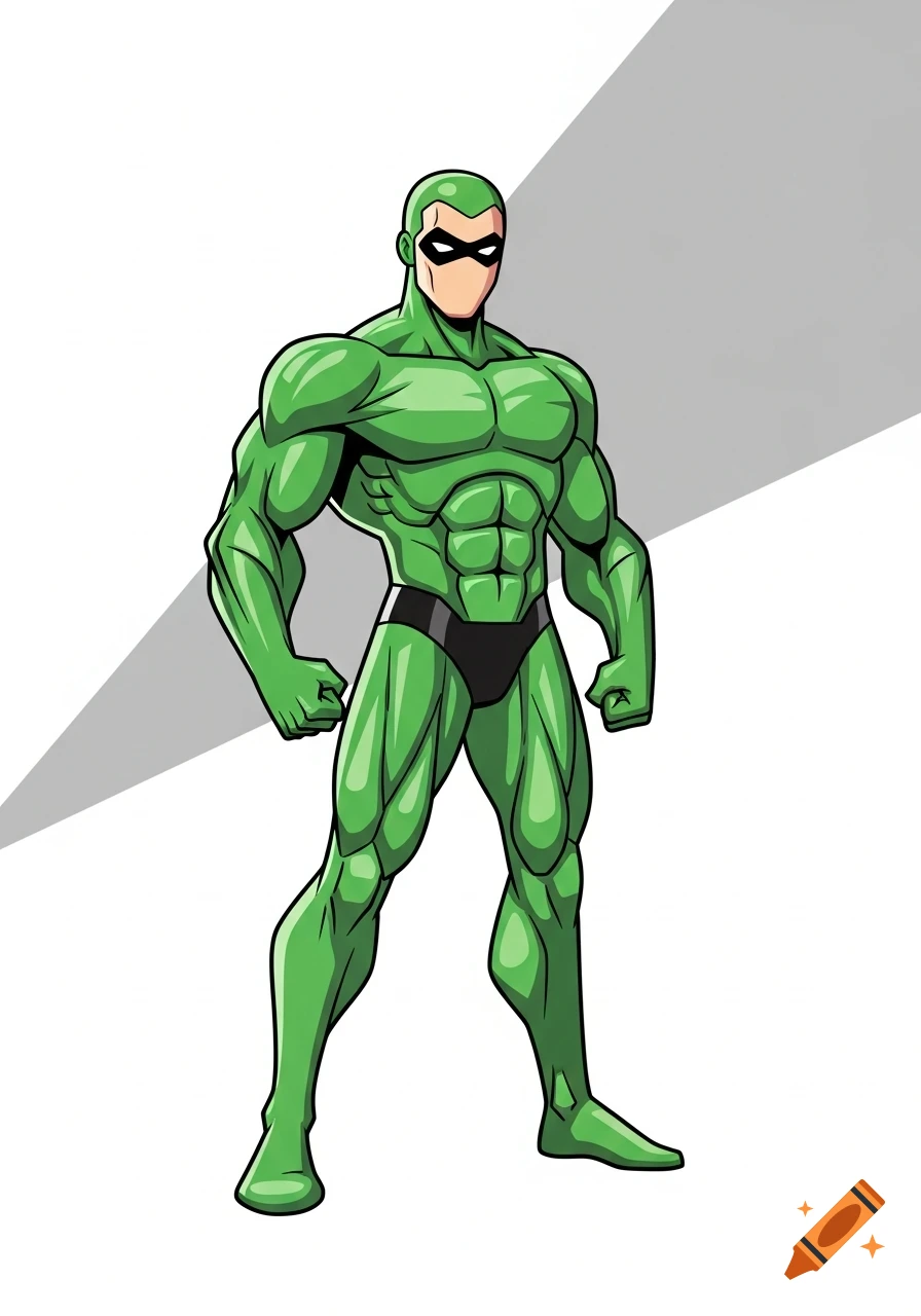 A stylized muscular male superhero in a bright green full-body suit with a black mask and trunks, standing upright in a clean vector cartoon style.